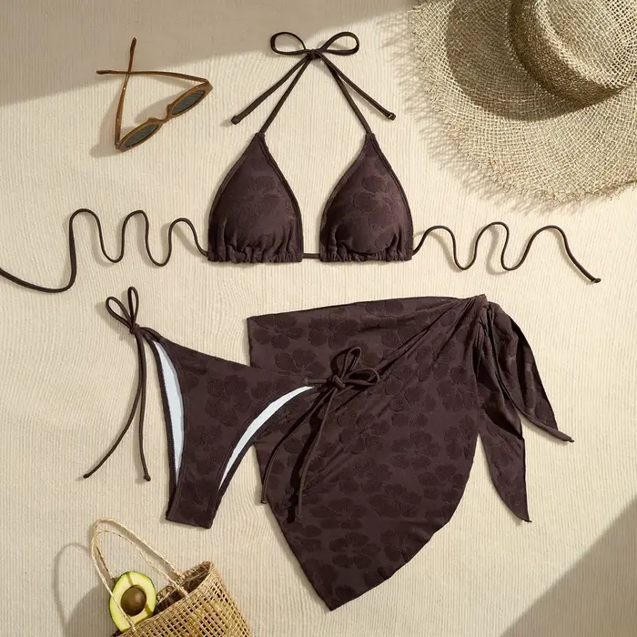 Sexy Bikini ensemble femmes licou Push Up soutien-gorge jupe 3 pièces maillot de bain couvrir string maillots
