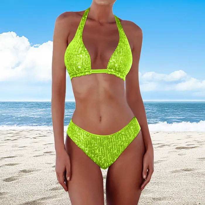 Ensemble de bikini scintillant à paillettes pour femmes, maillot de bain sexy brésilien à col halter et taille basse, couleur unie brillante, idéal pour les vacances à la plage