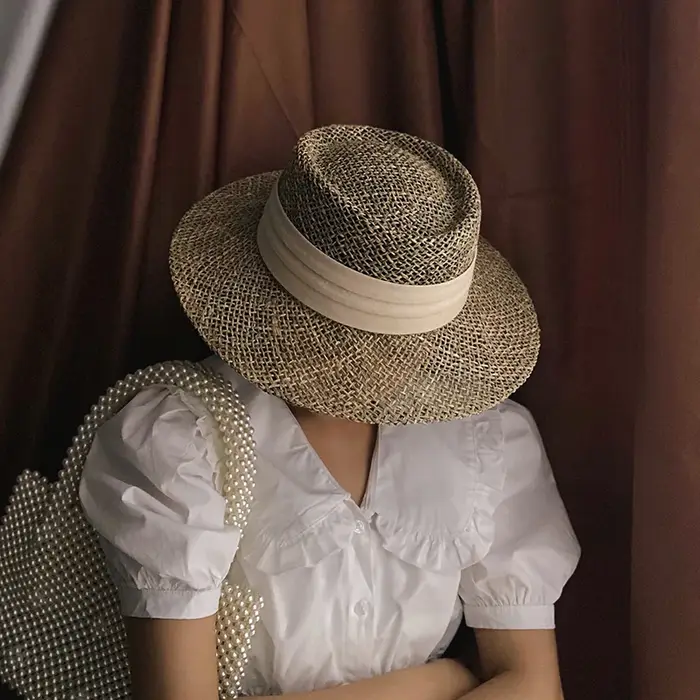 Chapeau de plage en paille fait à la main pour femmes, casquette d'été Panama, mode Concave plate, v
