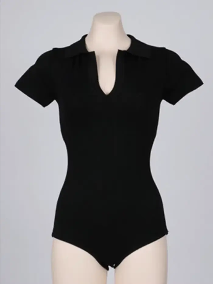 Vzvn 2026 Nouveau Maillot de Bain Une Pièce Coréen Slim Sexy Uni Col en V Manches Courtes pour Femme