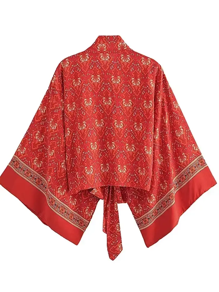 Boho Dinner ens Red Floral Beach Kimono, Short Robe, Swimsuits, Women Fashion, BatOOSleeves, Rayon, Bohemian Bikini Cover Ups, Beachwear