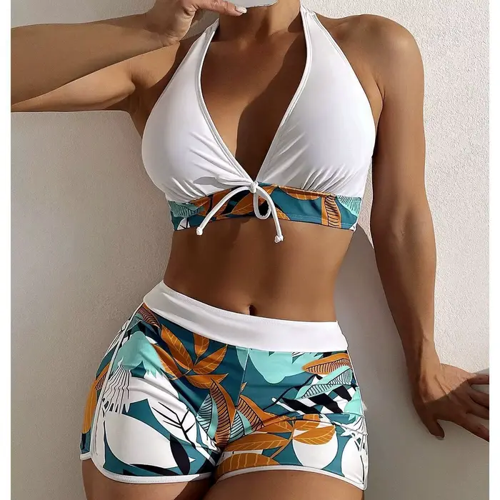Nouvel ensemble bikini halter 2026 pour femme, maillot de bain court taille haute imprimé, tenue de 