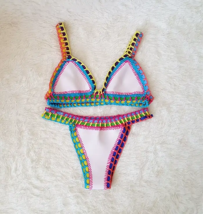 Maillot de bain réversible tricoté à la main pour femme, ensemble deux pièces, sexy, taille basse, p