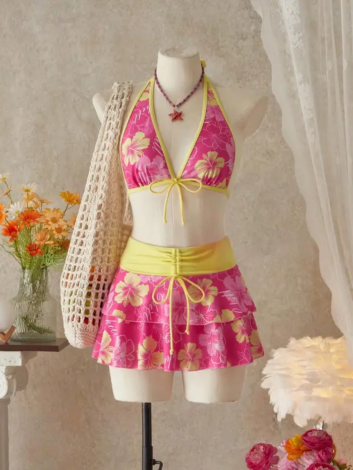 Ensemble bikini 3 pièces pour femme à imprimé floral Hibiscus, avec haut triangle dos nu à bordure c