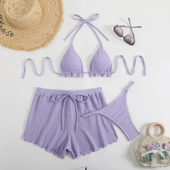 Ensemble de 3 pièces : Bikini string triangle 2026 pour femme, maillot de bain halter uni et sexy