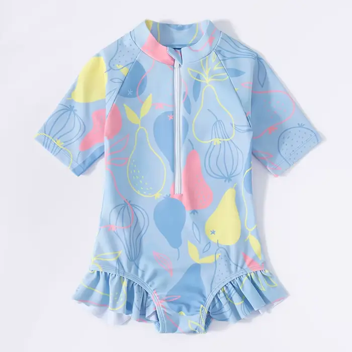 Maillot de bain une pièce à manches courtes pour filles, vêtements de plage pour enfants avec volant