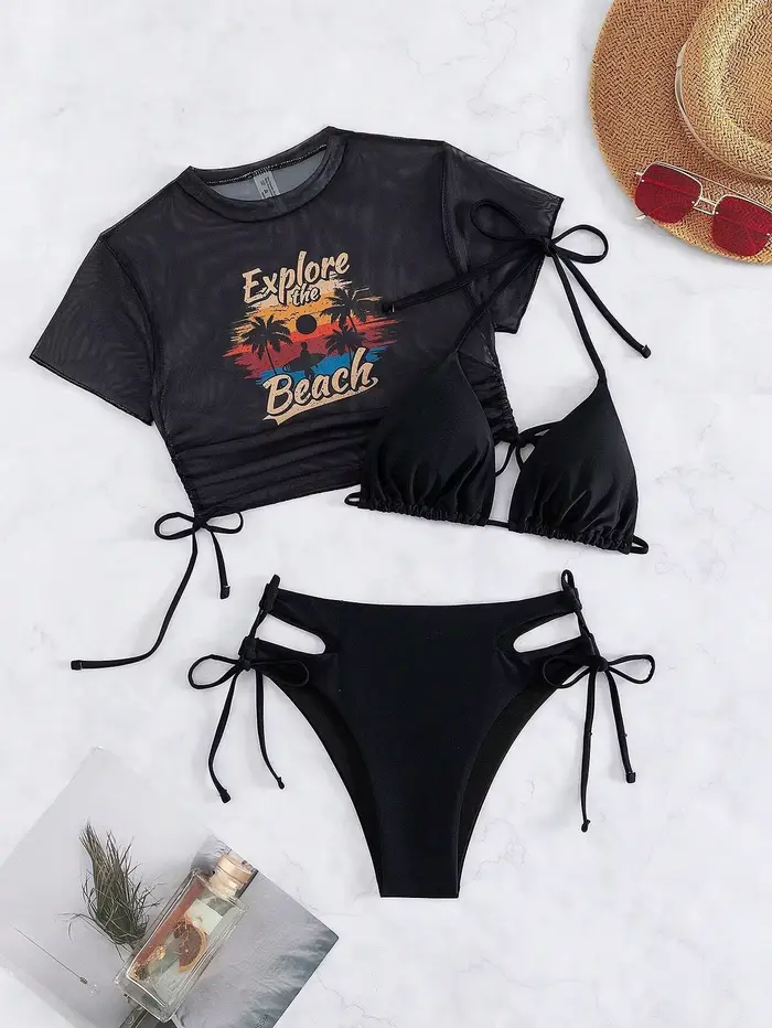 Maillot de bain 3 pièces sexy pour femme, collection été 2026 : ensemble micro bikini à lacets avec 