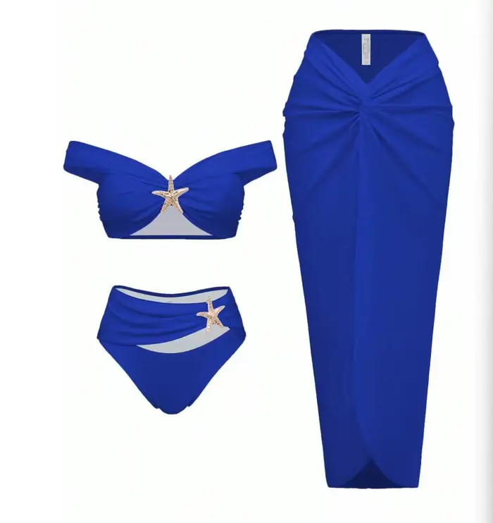 Ensemble de bikini sexy pour femmes, vêtements de plage, bikini étoile de mer métallique, jupes long