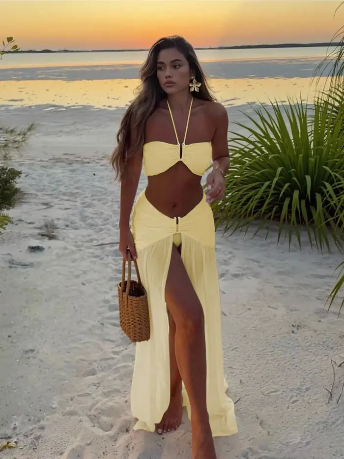Ensemble Bikini 3 pièces à col licou avec jupe Maxi fendue transparente, robe de plage blanche Sexy,