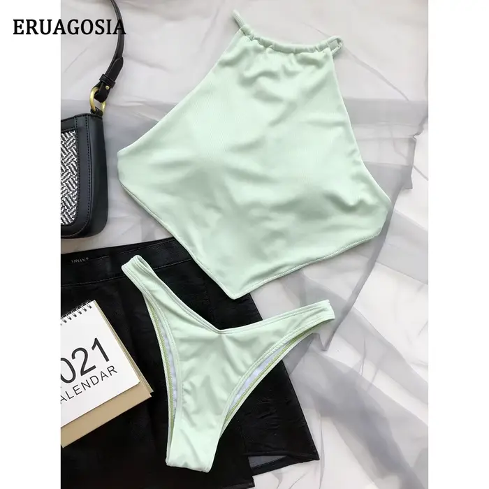 Ensemble de bikini à col haut pour femme, maillot de bain bandeau sexy, dos croisé, maillot de bain 