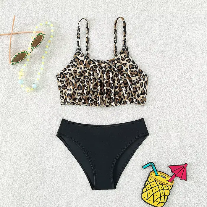Maillot de bain deux pièces pour enfants de 5 à 14 ans, ensemble Bikini léopard, fendu, pour adolesc