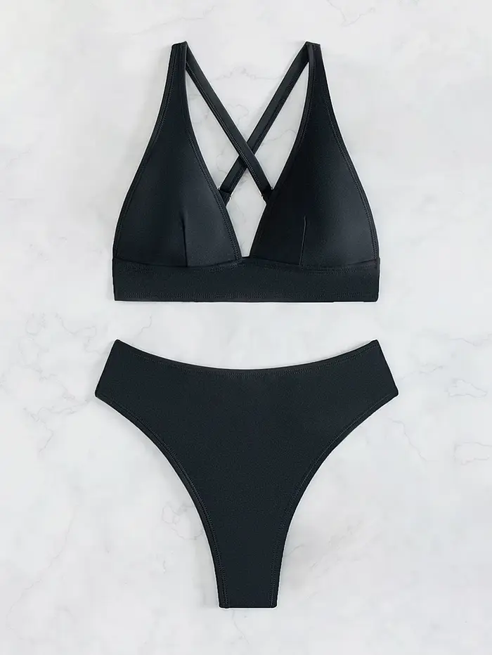 Maillot de bain noir uni pour femme, collection été 2026, ensemble bikini 2 pièces taille haute, mai