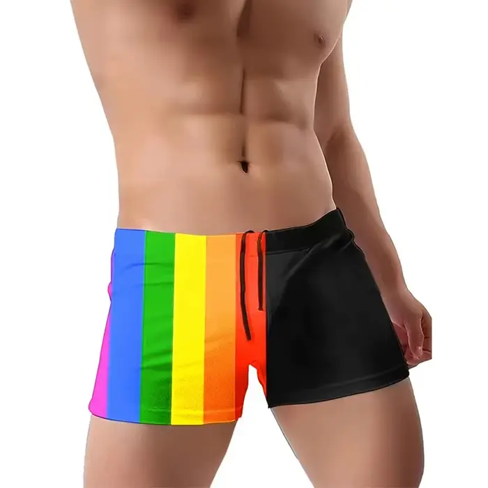 Short de bain à rayures arc-en-ciel pour hommes, maillot de bain moulant avec corde à nœud, vêtement