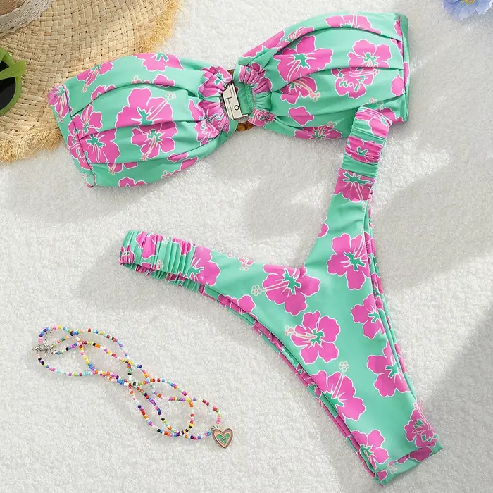 Ensemble Bikini plissé sans bretelles femmes maillot de bain
