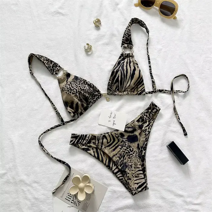 Maillot de bain bikini brésilien léopard pour femme, ensemble deux pièces, coupe haute, rembourré