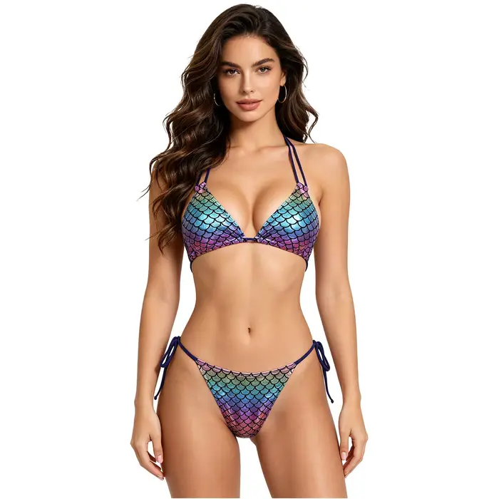Maillot de bain bikini sirène pour femme, imprimé écailles, ensemble bikini dos nu, maillot de bain à nouer sur les côtés, soutien-gorge dos nu avec coussinets amovibles, culotte de bain