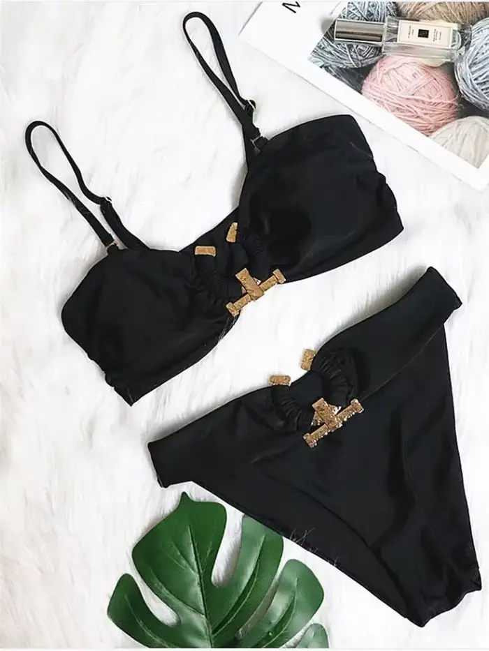 Maillot de bain brésilien sexy noir 2026 pour femme, bandeau, coupe haute, push-up rembourré, luxueu