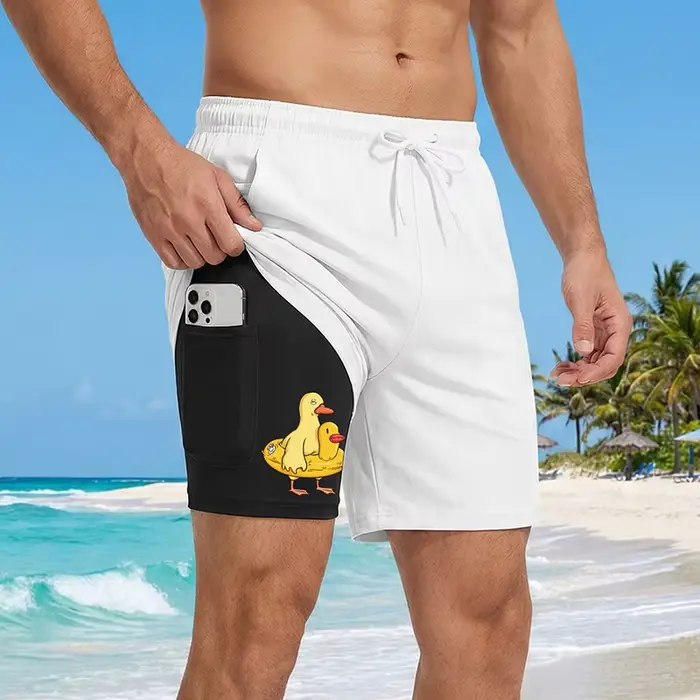Short de bain 2 en 1 pour hommes avec imprimé canard amusant, poche pour téléphone, short de plage d