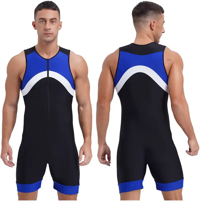 Maillot de bain une pièce en fibre pour hommes, patchwork, athlétisme, fermeture éclair, surf, plong