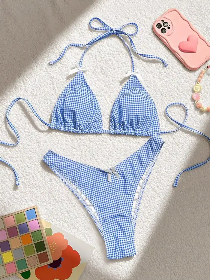 Maillot de bain deux pièces imprimé à carreaux bleus pour femmes, Sexy, bretelles avec nœud, dos nu, ensemble Bikini, taille haute, string, costume de plage, 2025