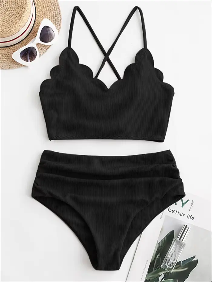 Bikini femmes maillot de bain 2026 nouveau solide côtelé fronde Bikinis ensemble Sexy taille haute m