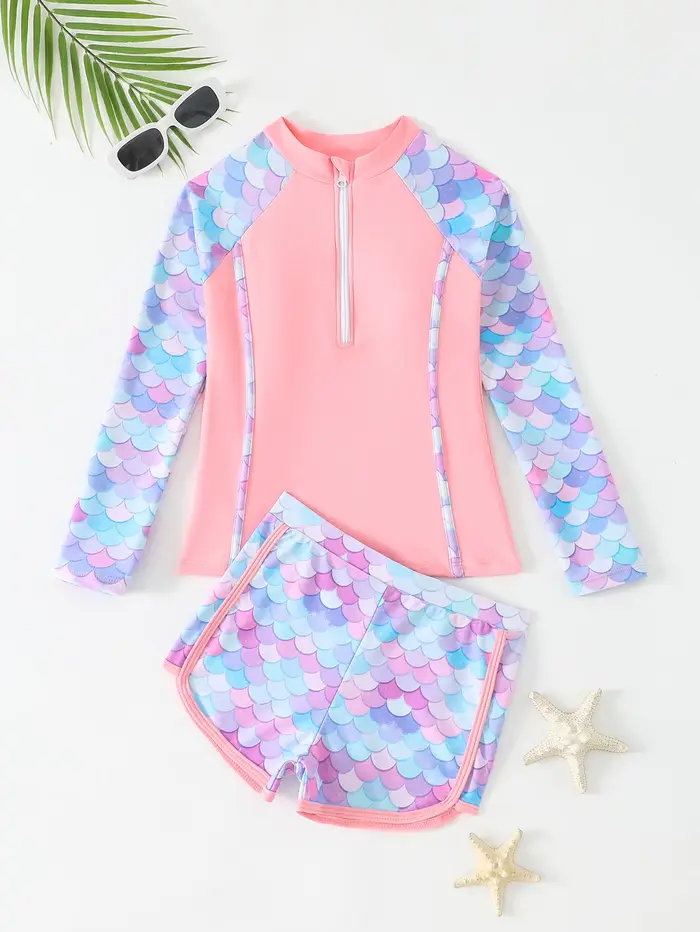 Maillot de bain fille 2025 rose à manches longues, chemises de protection solaire, vêtements de bain