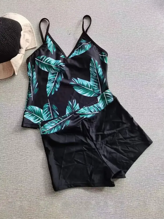 Ensemble de maillot de bain deux pièces pour femme, style conservateur, haut tankini à rayures et sh