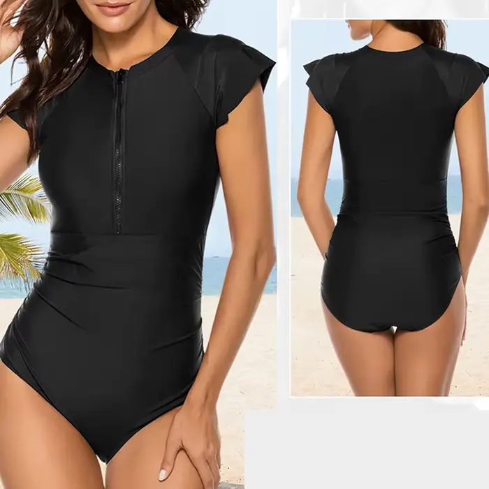 Femmes maillot de bain décontracté couleur unie fermeture éclair manches courtes col rond mince ventre contrôle maillots