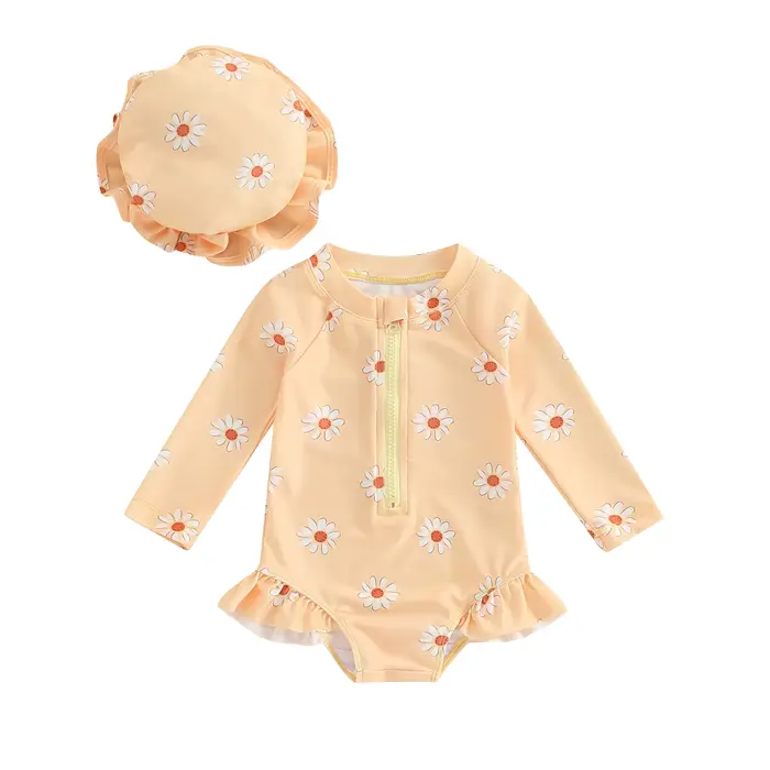 Maillot de bain avec chapeau pour bébé fille, combinaison à manches longues, imprimé fleuri, fermetu