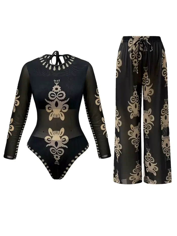 Maillot de bain sexy à manches longues transparent avec protection solaire