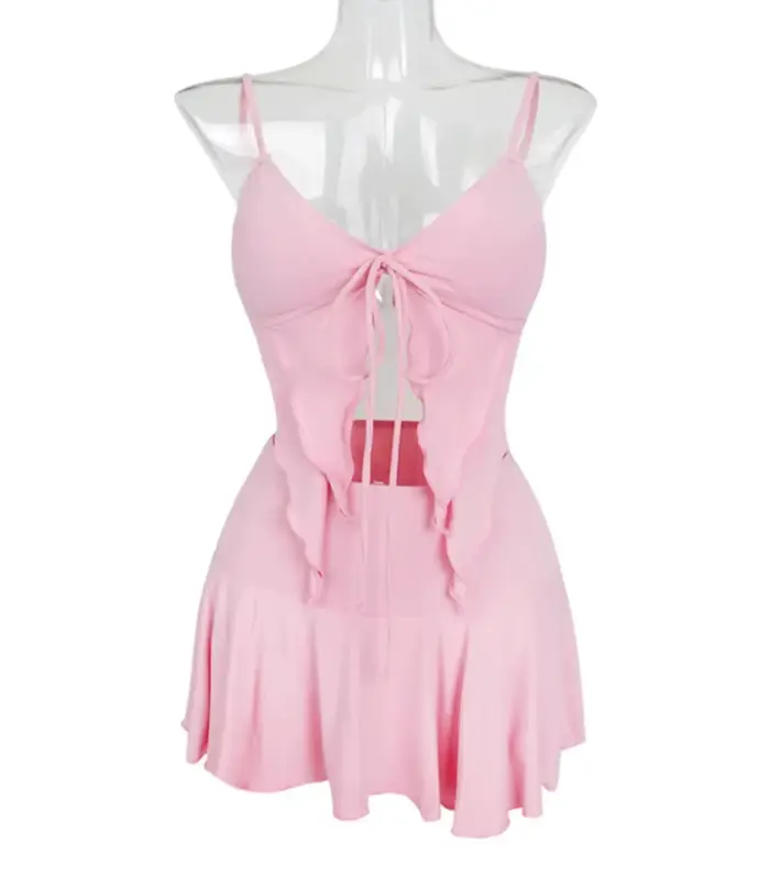 Maillot de bain rose style Ins, doux et sexy, avec haut à bords conservateurs et jupe séparée, pour 