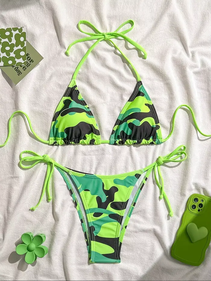 Sexy vert Camouflage imprimé Micro Bikini 2025 femmes licou Push Up cravate côté string maillot de b
