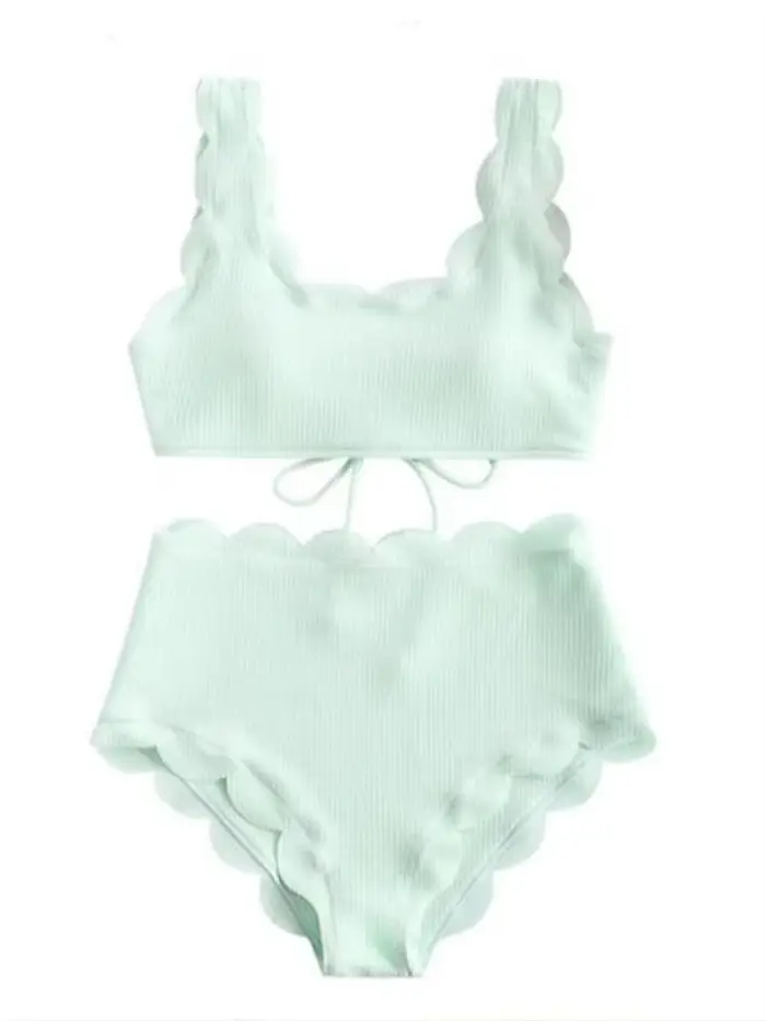 Bleu uni deux pièces maillot de bain maillots de bain Bikini femmes festonné texturé taille haute Bi