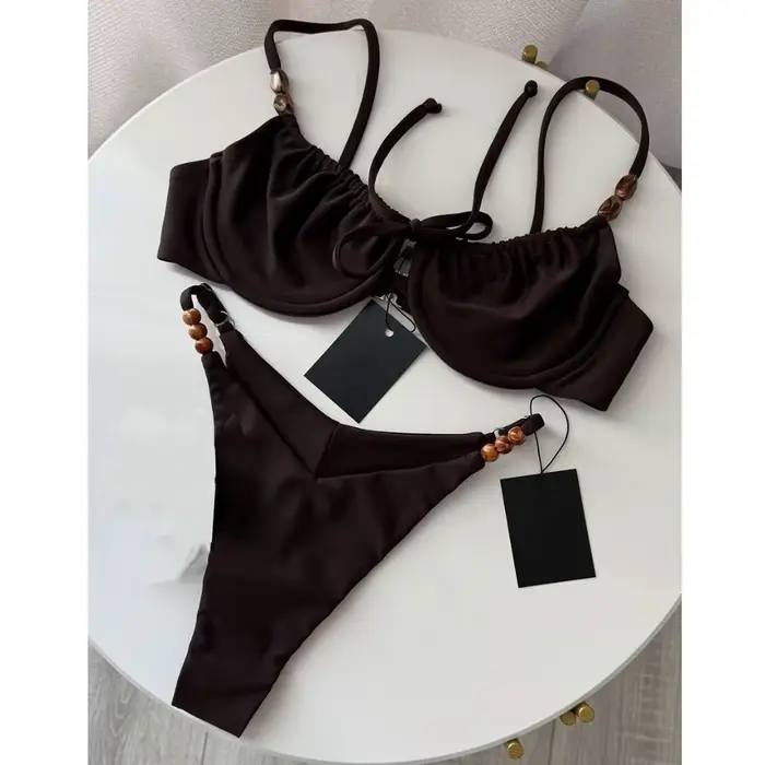 Nouveau maillot de bain sexy marron à lacets au dos, taille basse, motif à pois, décoré de perles, v