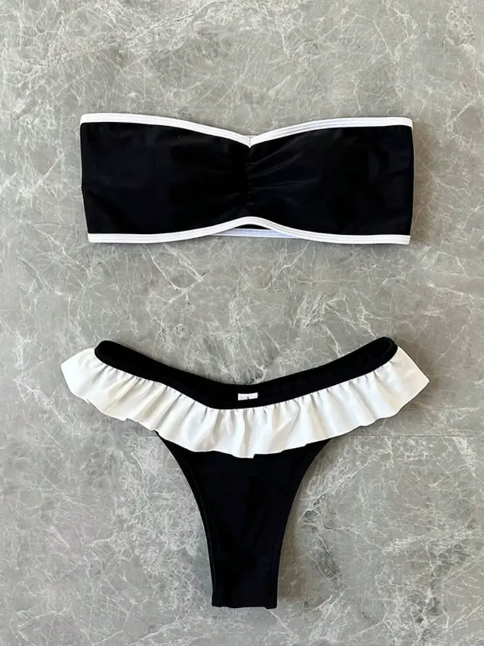 Maillot de bain femme sans bretelles, ensemble 2 pièces, couleur unie, patchwork, push-up, à volants
