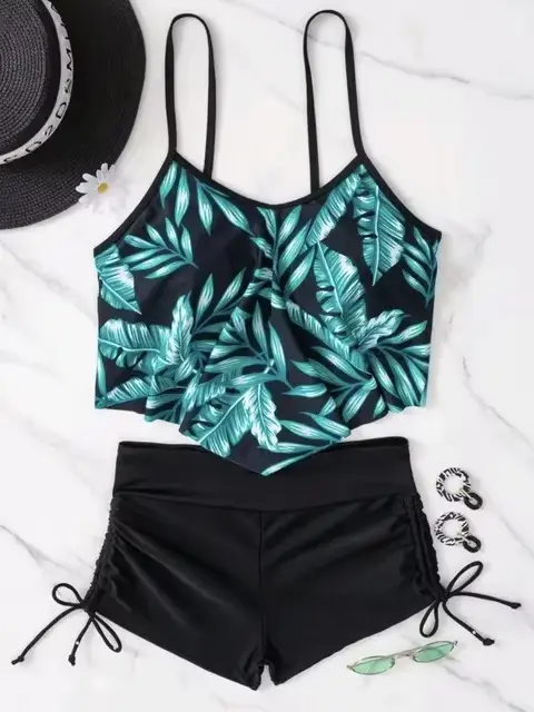 Maillot de bain deux pièces à volants pour femmes, avec short, imprimé feuilles, orange, vêtements d