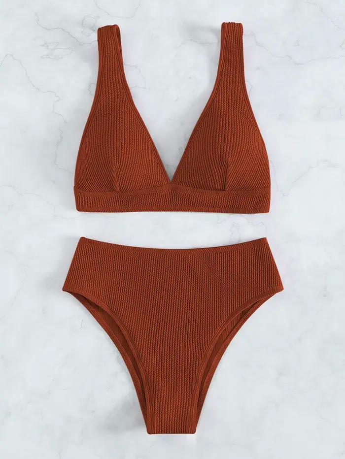 Ensemble bikini texturé pour femme - Maillot de bain string taille haute, maillot de bain deux pièce