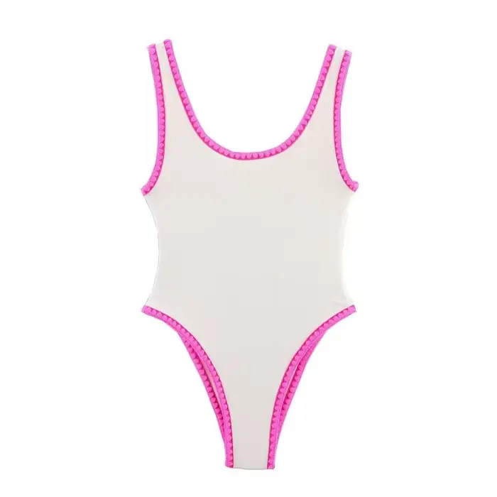 Maillot de bain une pièce pour femme, blanc et rose, avec bordure contrastée, style string à coupe h