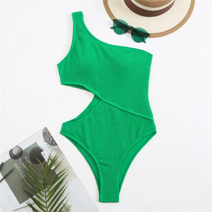 Maillot de bain une pièce côtelé, asymétrique épaule dénudée, Sexy, couleur unie, pour femmes, vêtem