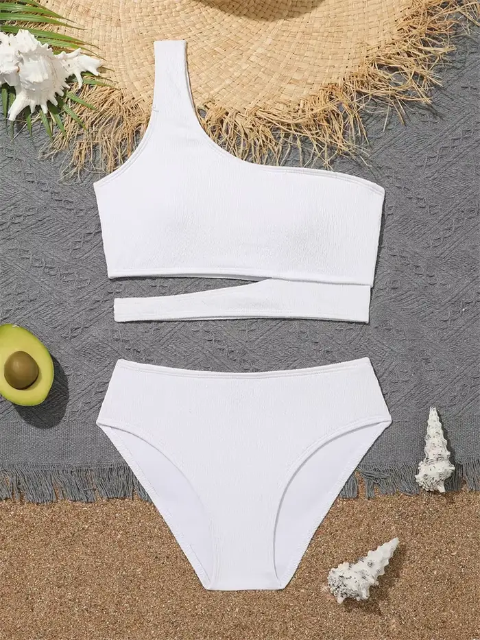 Maillot de bain fille Bikini 2026 nouveau solide une épaule Bikinis ensemble maillots de bain pour e