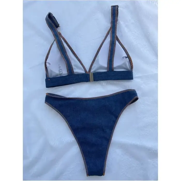 Maillot de bain en denim bleu, taille haute, avec boucles, bordure, pour femmes, tenue de plage, avec bretelles, tendance