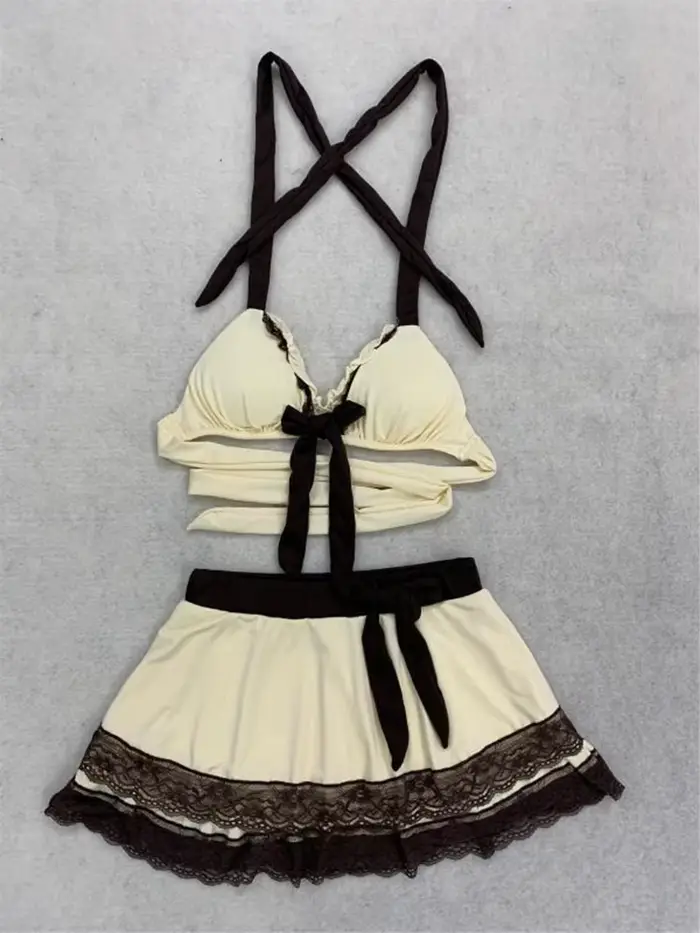 Ensemble bikini jupe beige d'été avec dentelle et nœud, style Y2K, mignon et tendance, pour la plage