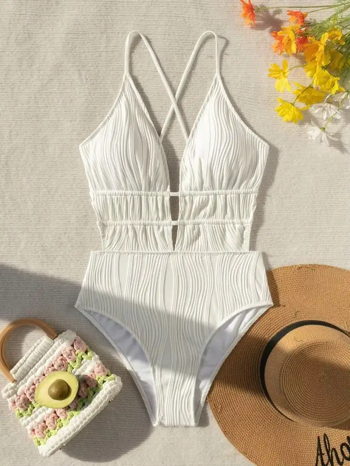 Sexy côtelé maillot de bain une pièce col en v profond Bikinis body dos cravate maillots de bain tai