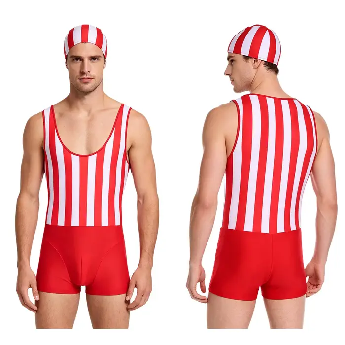 Maillot de bain une pièce pour hommes, à séchage rapide, avec bonnet de bain, décolleté bas, sans ma