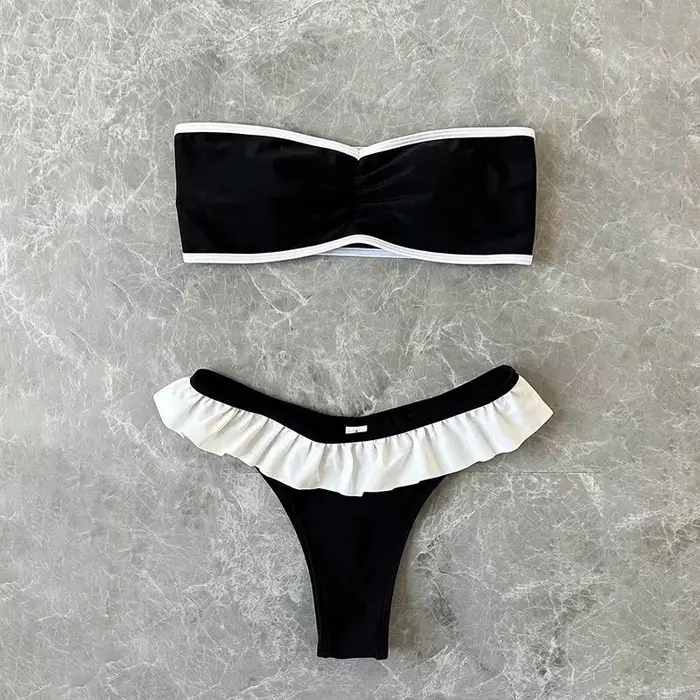 Maillot de bain deux pièces sans bretelles pour femme, chic, uni, patchwork, volants, string, micro 