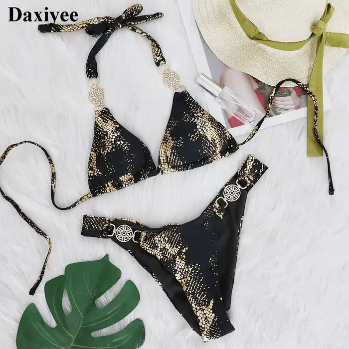 Peau de serpent imprimé licou diamant Bikini ensemble 2024 strass femmes maillots de bain licou String femme maillot de bain coupe haute maillot de bain