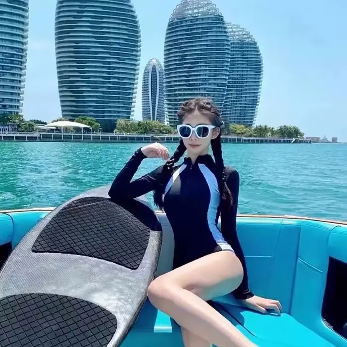 Ins maillot de bain femme été conservateur à manches longues Surf costume une pièce maillot de bain 