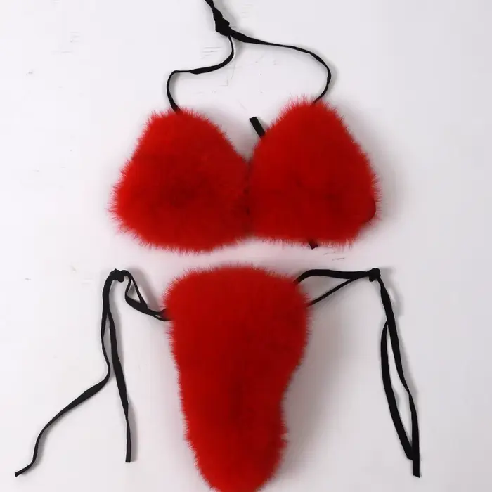 Bikini en Fourrure Naturelle pour Femme, Bikini en Vraie Fourrure de Renard