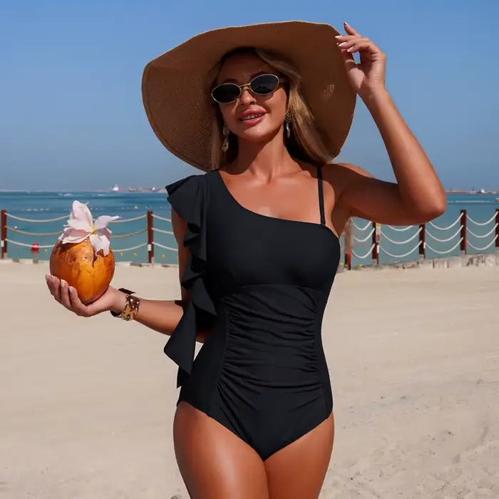 Nouvelle Collection 2026 : Maillot de Bain Femme Une Pièce Couleur Unie, Épaule Dénudée, Séchage Rap