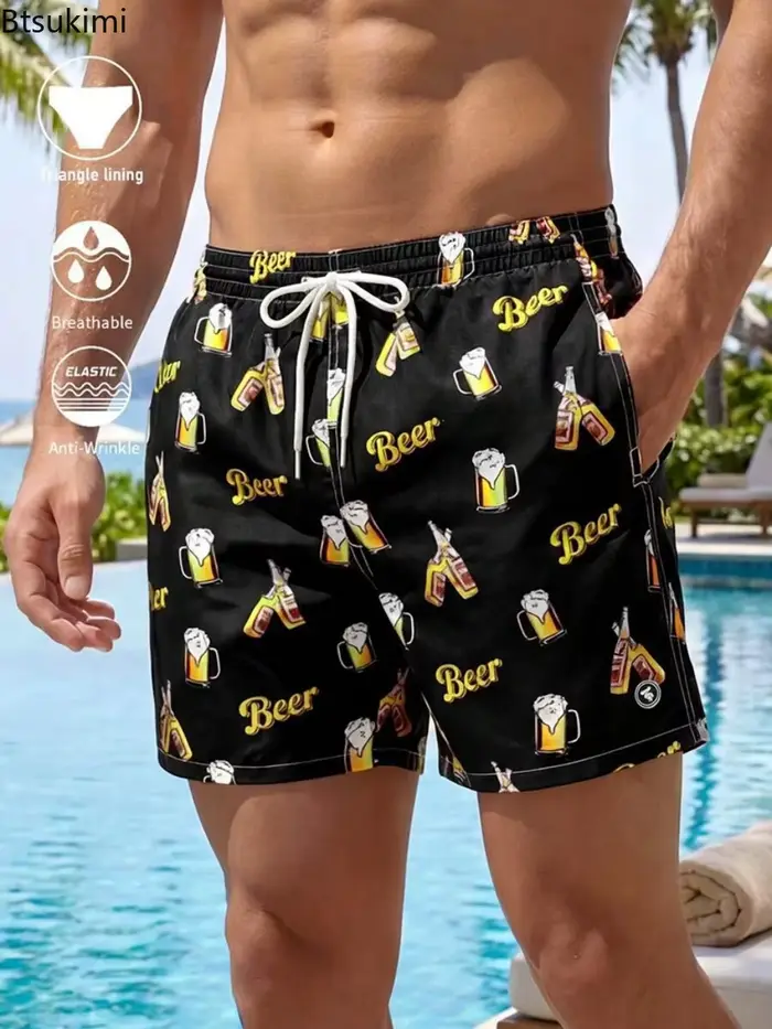 Nouveauté 2026 Shorts de plage décontractés pour hommes, coupe droite ample avec cordon de serrage, imprimés tendance